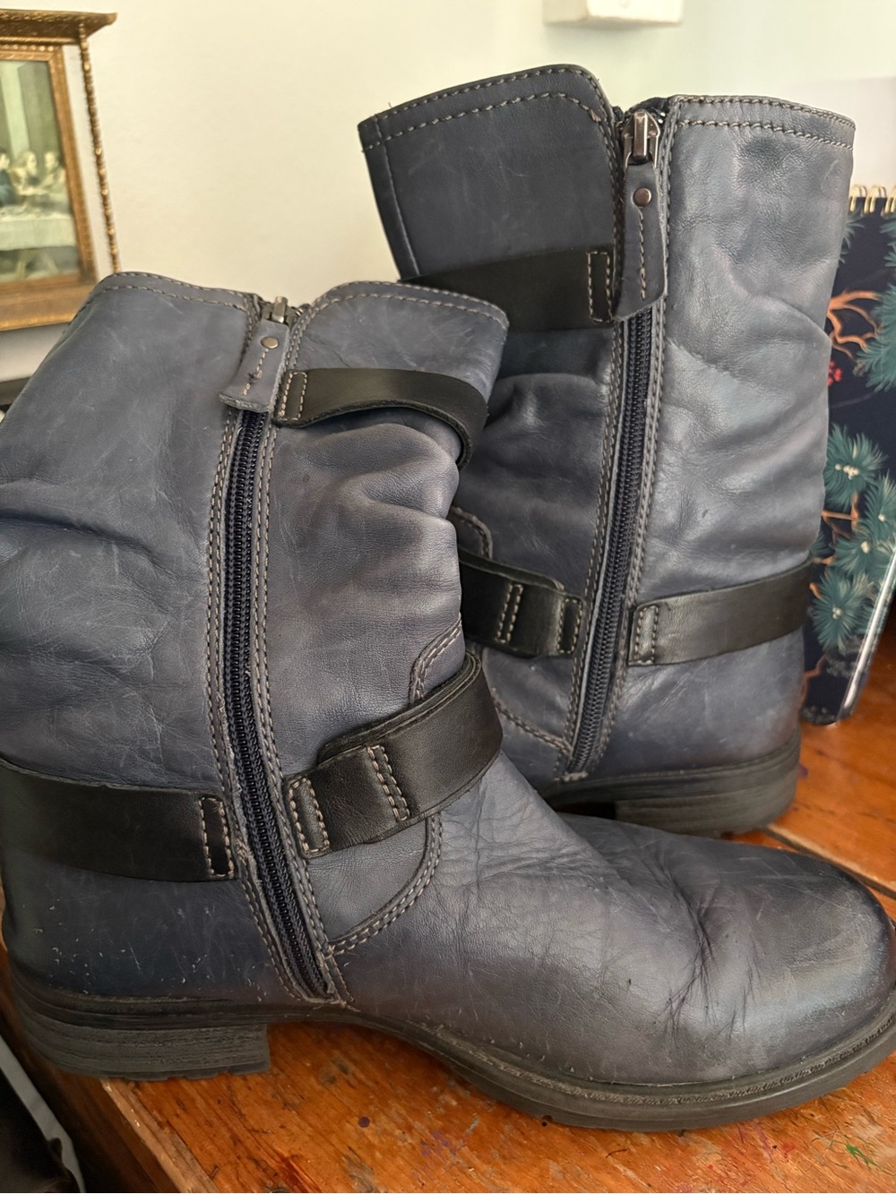 Earth Navy and Black Leather Moto Boots with Buckle Straps - Picture 3 of 5